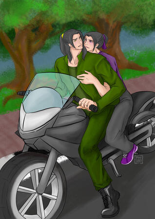 MingCheng on a motorcycle